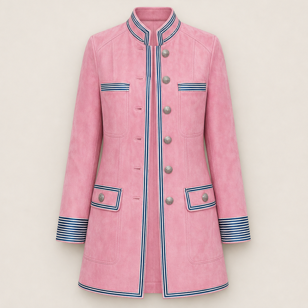 Ylva Damen Military-Mantel mit Stehkragen, Kontraststreifen und Pattentaschen – Rosa