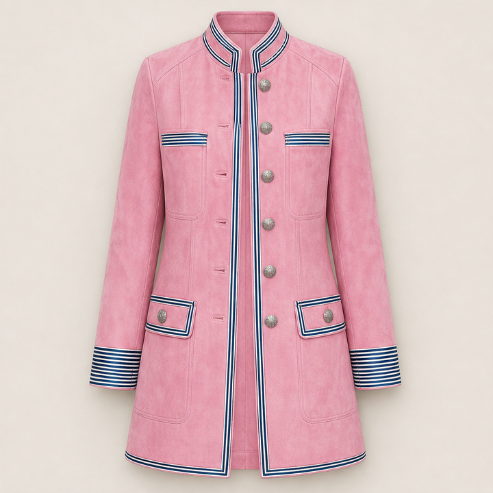 Ylva Damen Military-Mantel mit Stehkragen, Kontraststreifen und Pattentaschen – Rosa