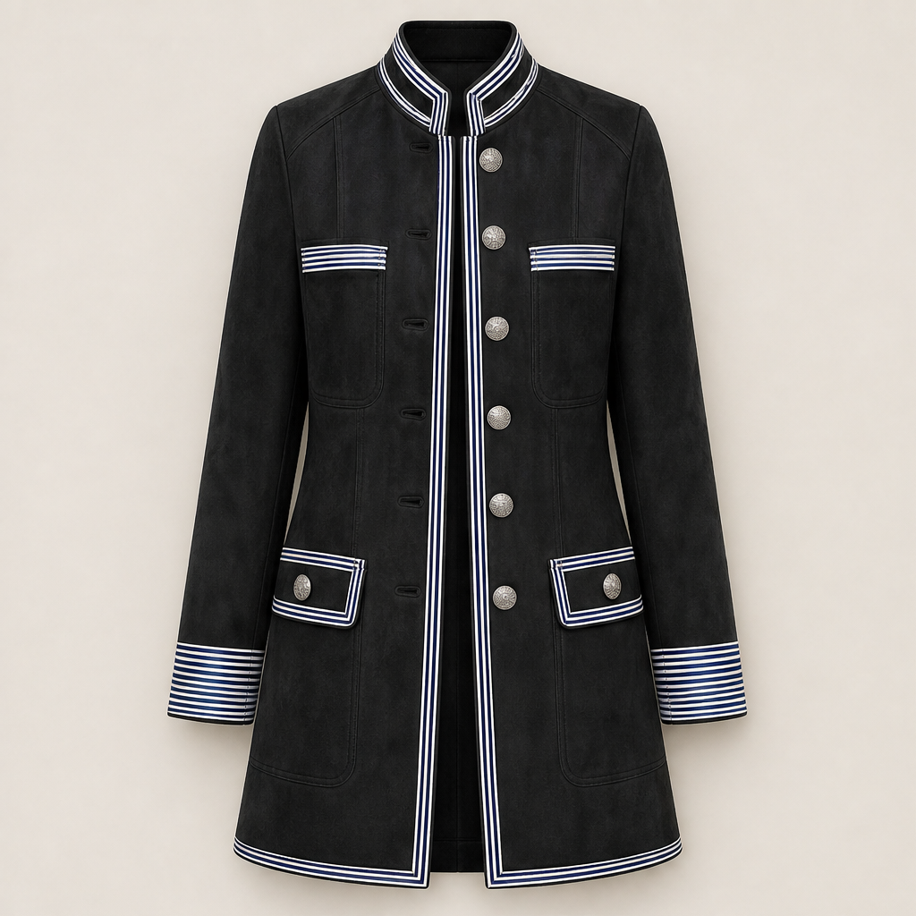 Ylva Damen Military-Mantel mit Stehkragen, Kontraststreifen und Pattentaschen – Schwarz