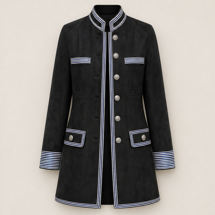 Ylva Damen Military-Mantel mit Stehkragen, Kontraststreifen und Pattentaschen – Schwarz