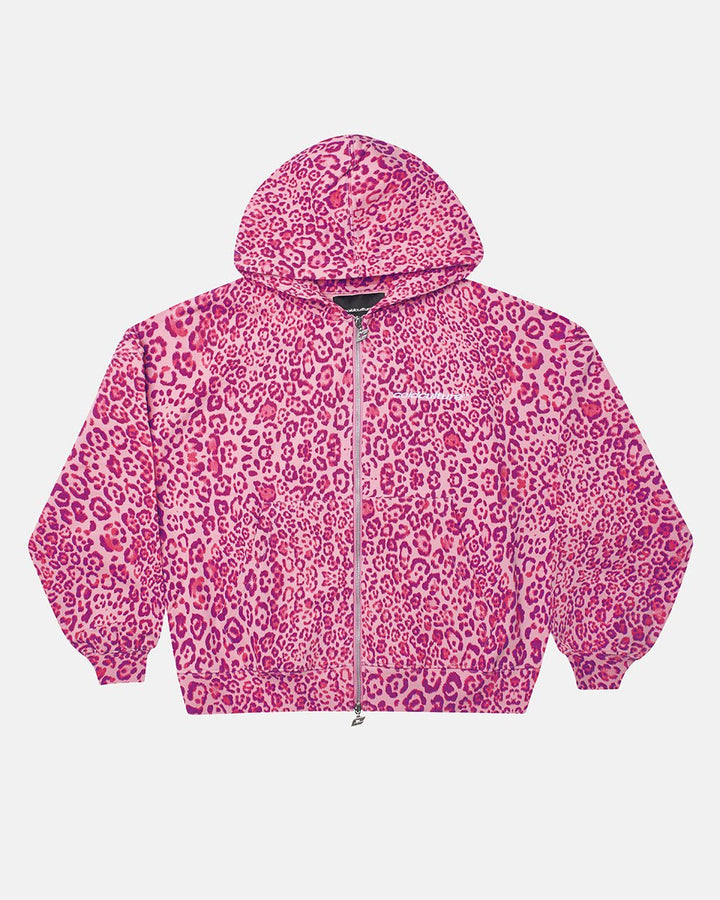 Ylvi Damen Boxy Zip-Hoodie mit Leopardenmuster und Kängurutasche – Rosa Leopard