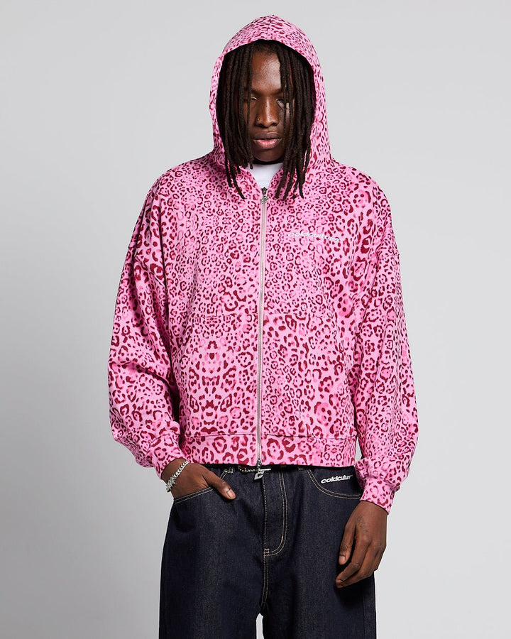 Ylvi Damen Boxy Zip-Hoodie mit Leopardenmuster und Kängurutasche
