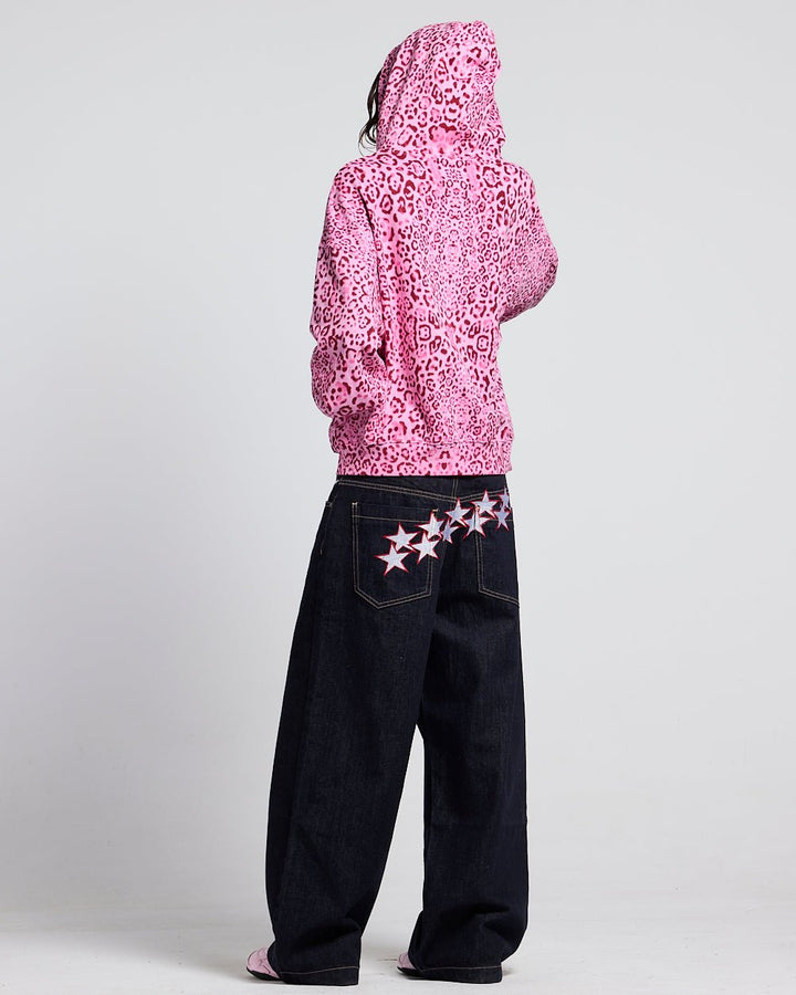 Ylvi Damen Boxy Zip-Hoodie mit Leopardenmuster und Kängurutasche