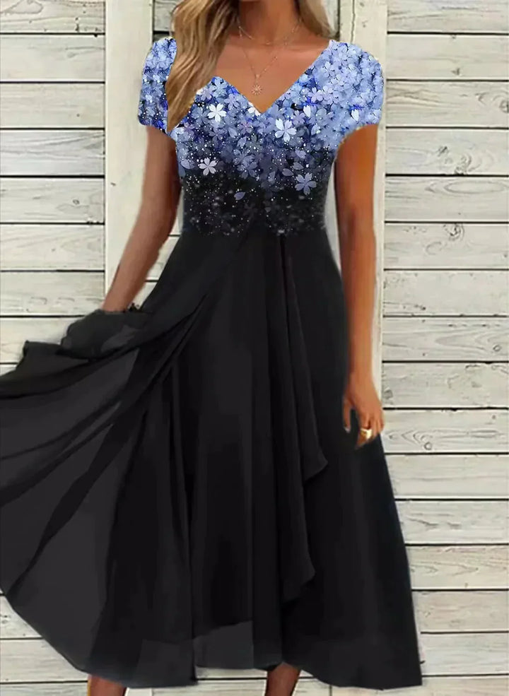Yvonne | Damen Fließendes Blumenkleid mit kurzen Ärmeln