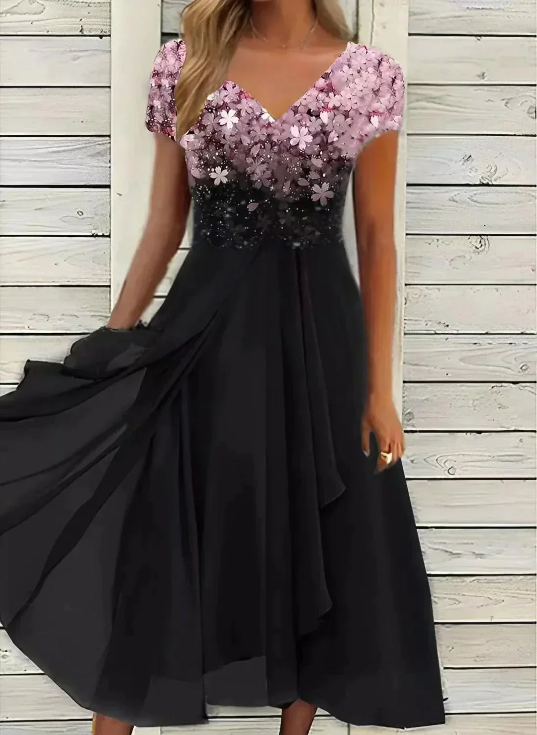 Yvonne | Damen Fließendes Blumenkleid mit kurzen Ärmeln