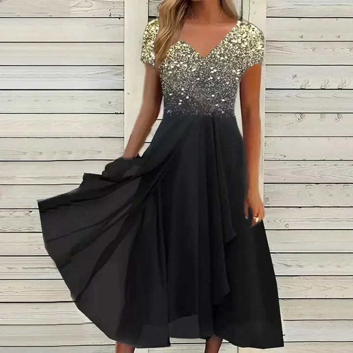 Yvonne | Damen Fließendes Blumenkleid mit kurzen Ärmeln