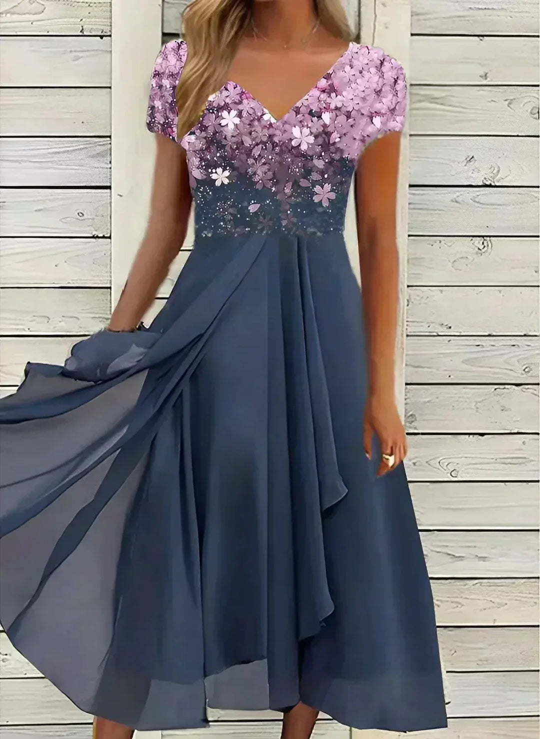 Yvonne | Damen Fließendes Blumenkleid mit kurzen Ärmeln