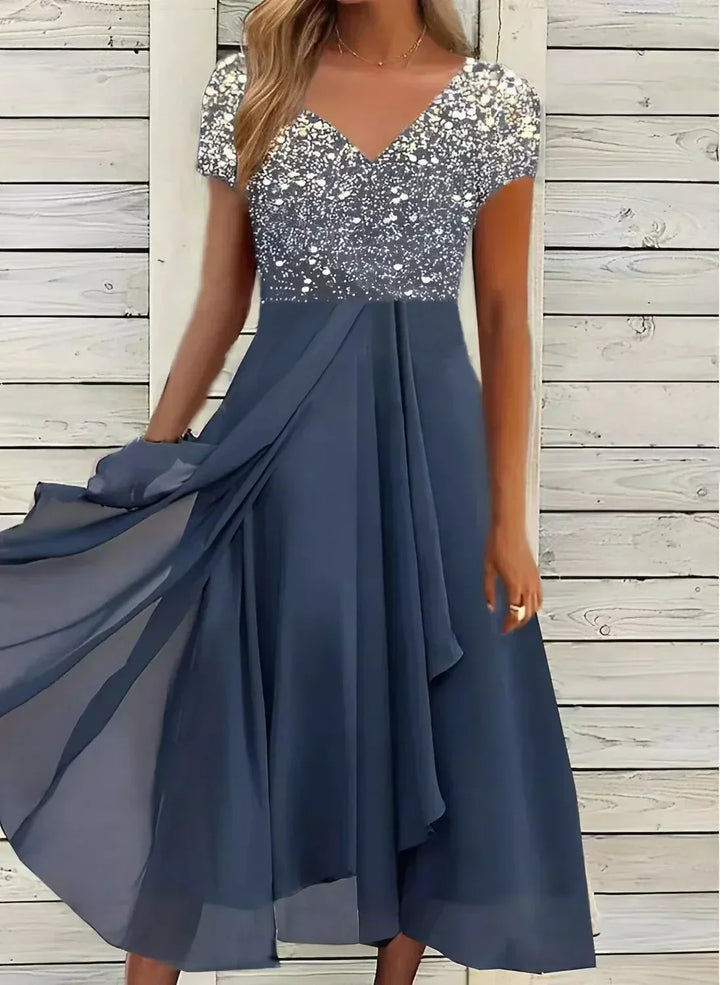 Yvonne | Damen Fließendes Blumenkleid mit kurzen Ärmeln